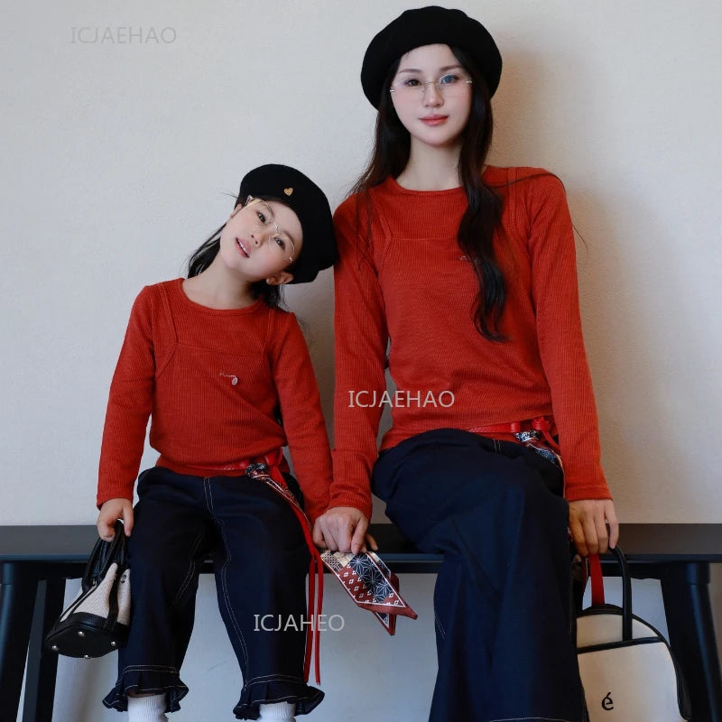 Matching Mother Daughter Children Orange Casual Outfit Straight Leg Jeans with Ribbon Trim Wide Leg Soft Denim Pants and Top Set