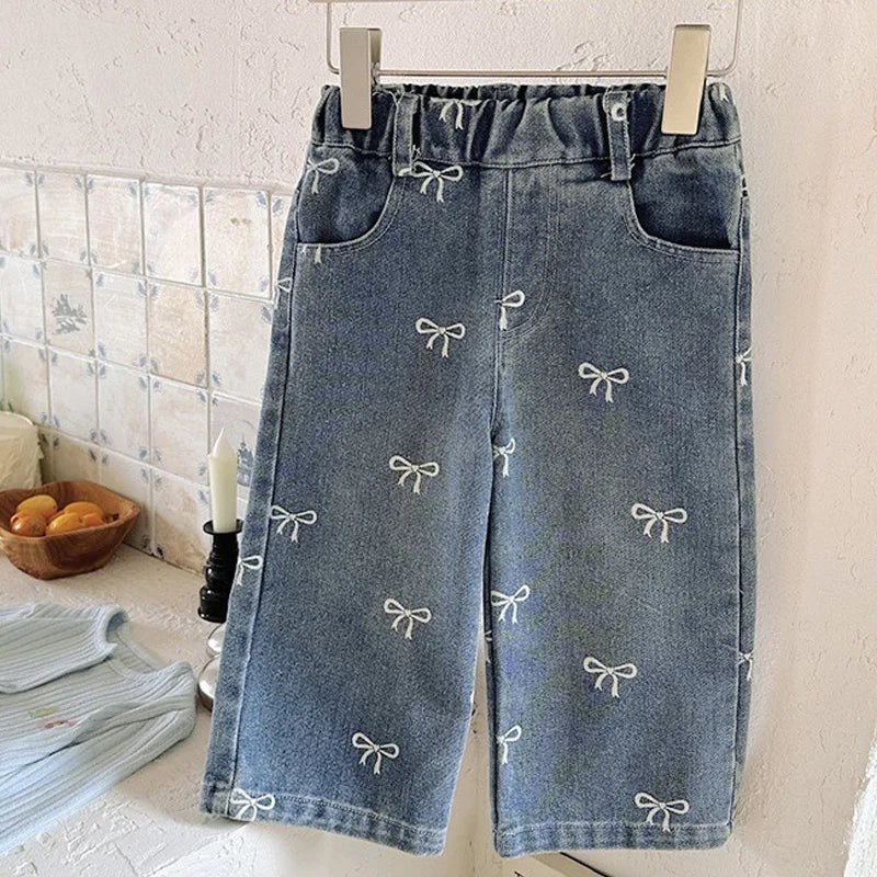 Girls Spring Autumn Jeans New Children Fashion Print Bow Loose Pants Kids Trends Wide Leg Trousers  Baby Casual Baggy Clothing