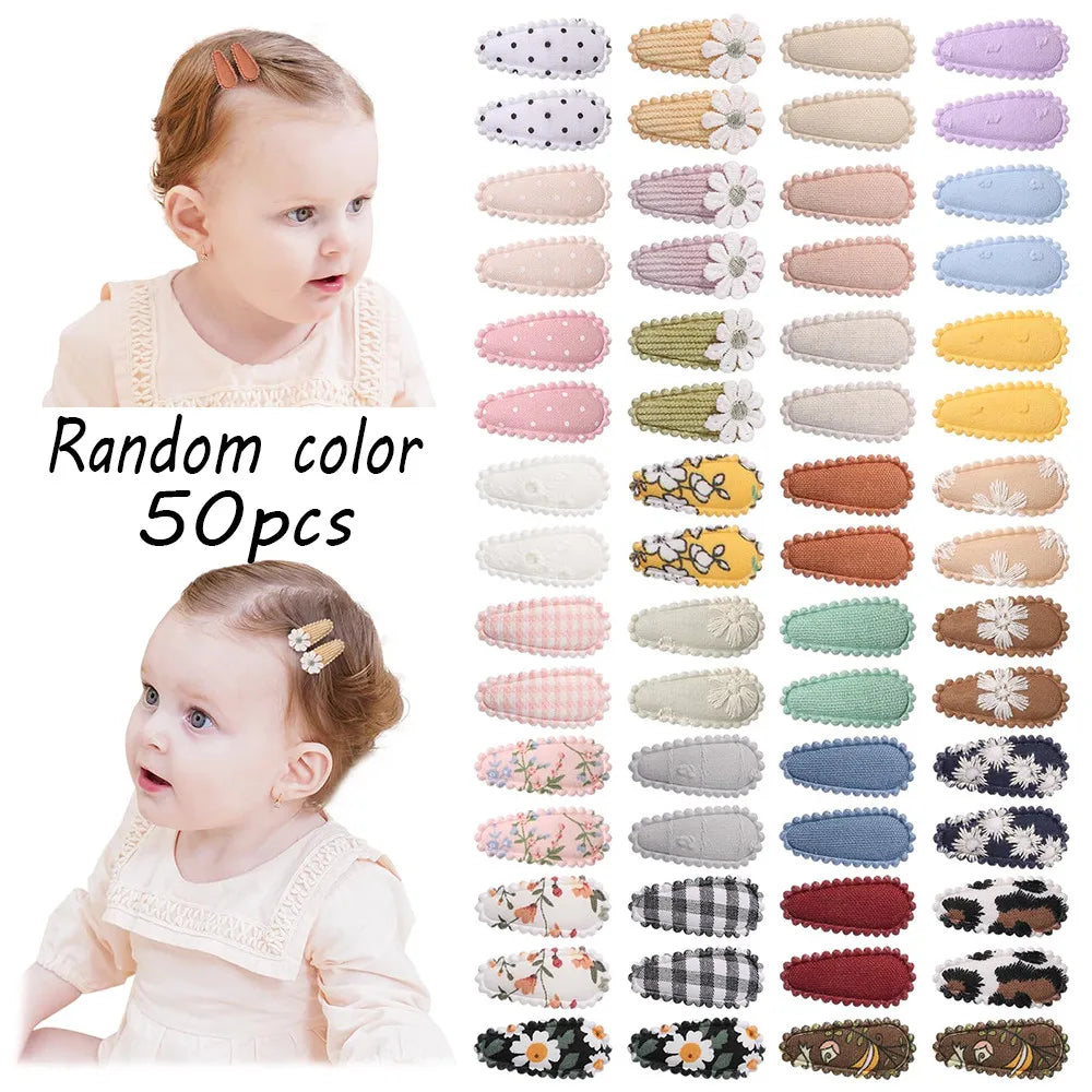 50 horquillas BB estampadas de color aleatorio, accesorios para el cabello, pasador de lona hecho a mano con flores, pinzas dulces para niñas, tocado