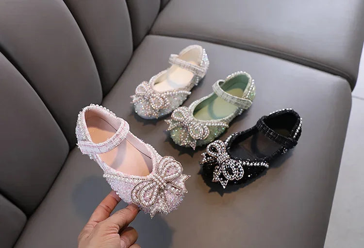 Sandalias para niñas, moda, lentejuelas, diamantes de imitación, lazo, zapatos de princesa para bebé, sandalias planas para niños, tallas 21-36