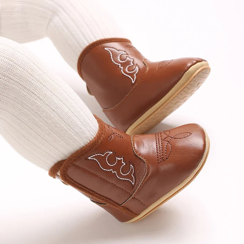 Leather Western Boots Cowboy Bootie Soft Sole Non-Slip Crib Shoes for Baby Infant Toddler Girls Boys Newborn