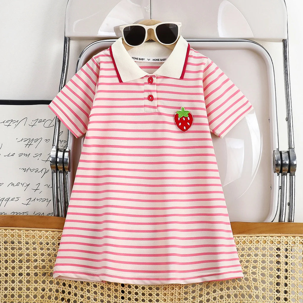 2025 New Children's Dress Girls' Summer Korean Edition Striped Strawberry lapel Casual Dress 1-10 Years Old