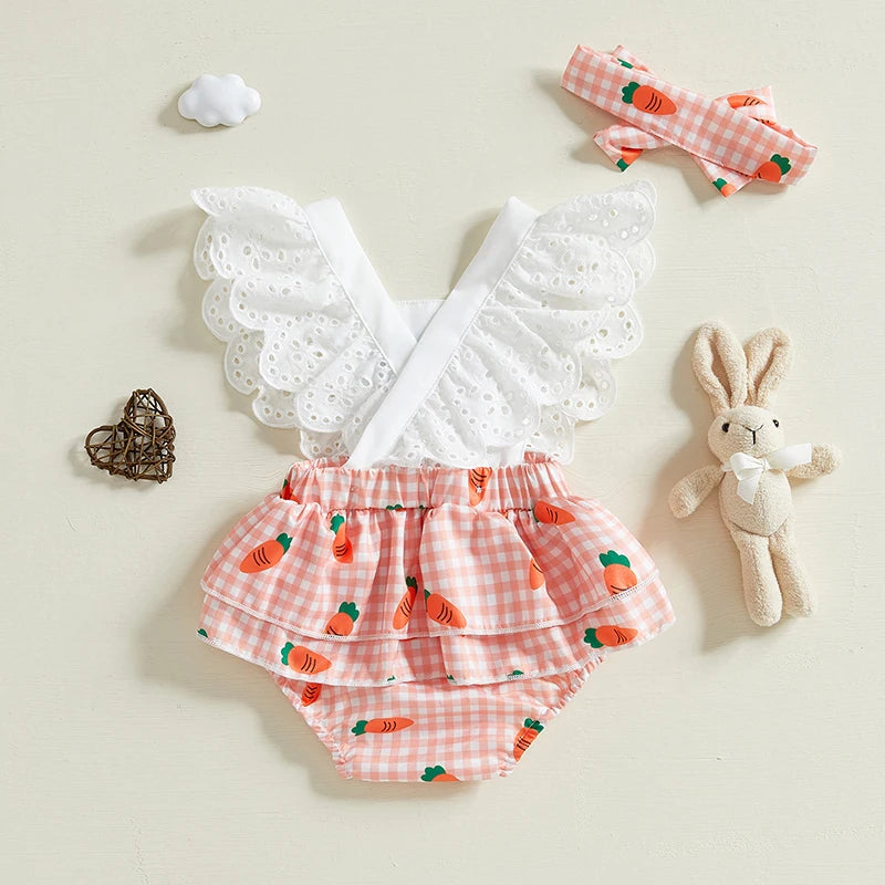 VISgogo Conjuntos de Pascua para Bebé Niña: Bodysuit Calado sin Mangas Cuello Cuadrado con Estampado de Zanahorias y Diadema con Lazo