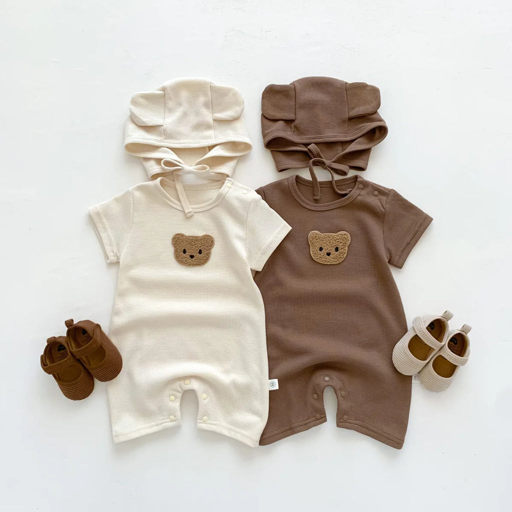 Novedad de verano para niños bebés, niñas y niños, manga corta, gofre, parche de oso, mameluco de algodón para recién nacidos, regalo, gorro con orejas