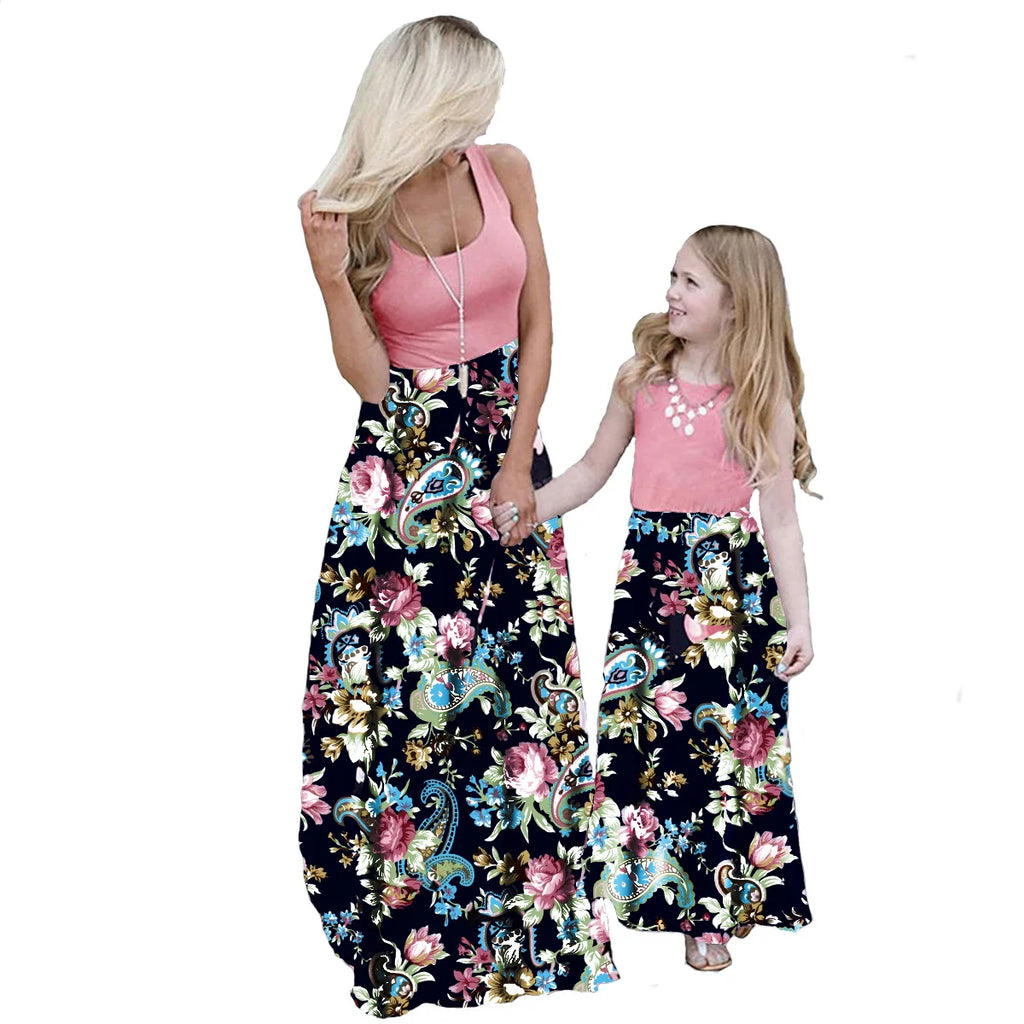 New Mother Daughter Summer Dresses Sleeveless Flower Patchwork Sundress Mom Mommy and Me Maxi Dress Family Matching Outfits