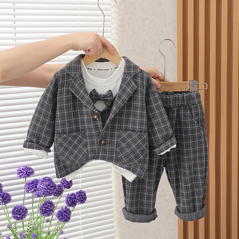 Children Clothing Spring Autumn Baby Boys Wear Infant Lapel Plaid T-Shirt Pants 3pcs/sets Toddler Casual Suit 0-5 Years