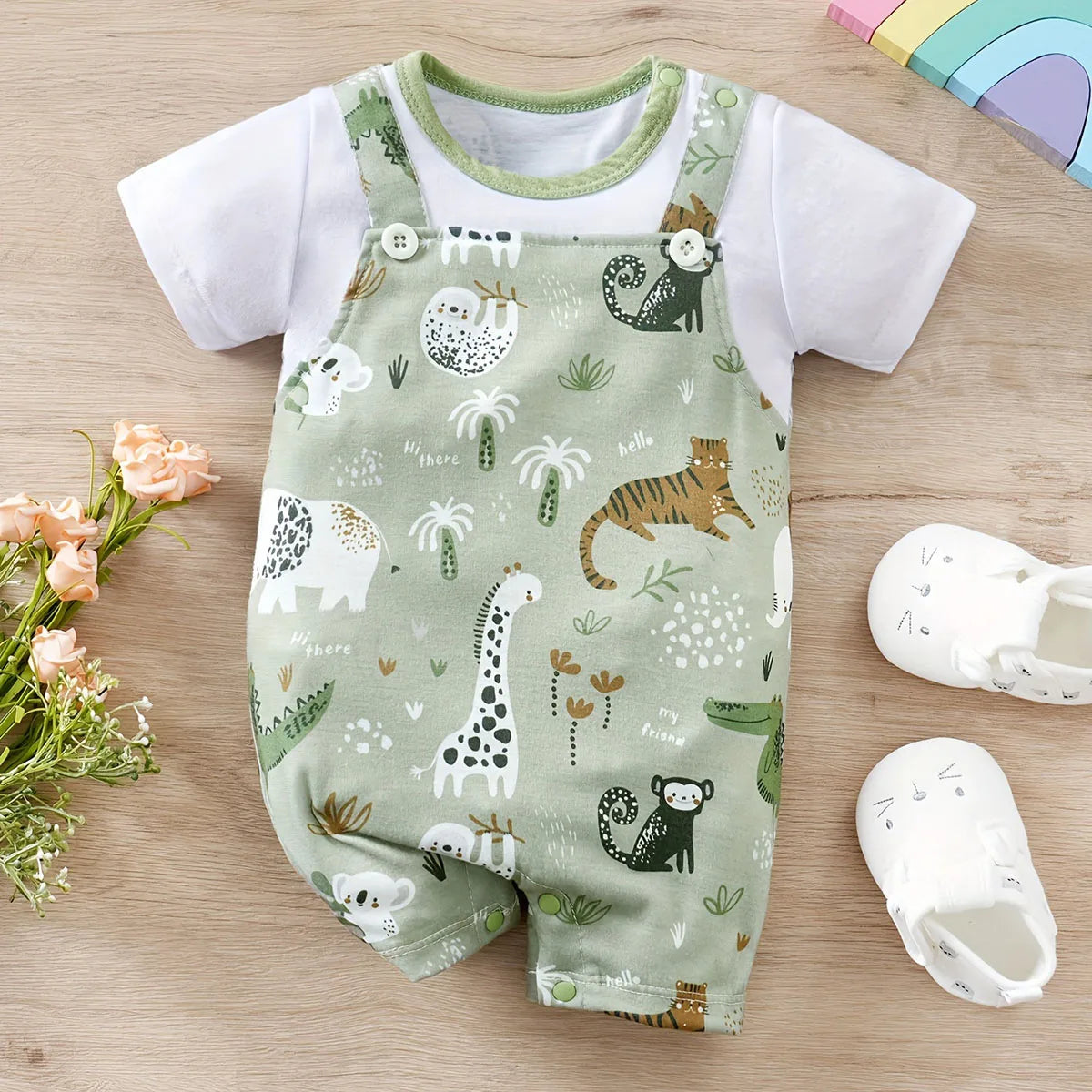 IURNXB Bezaubernder Strampler mit Zootier-Print für Jungen, Neugeborene, Baby, Faux-Zweiteiler, Body mit kurzen Ärmeln, Freizeitkleidung