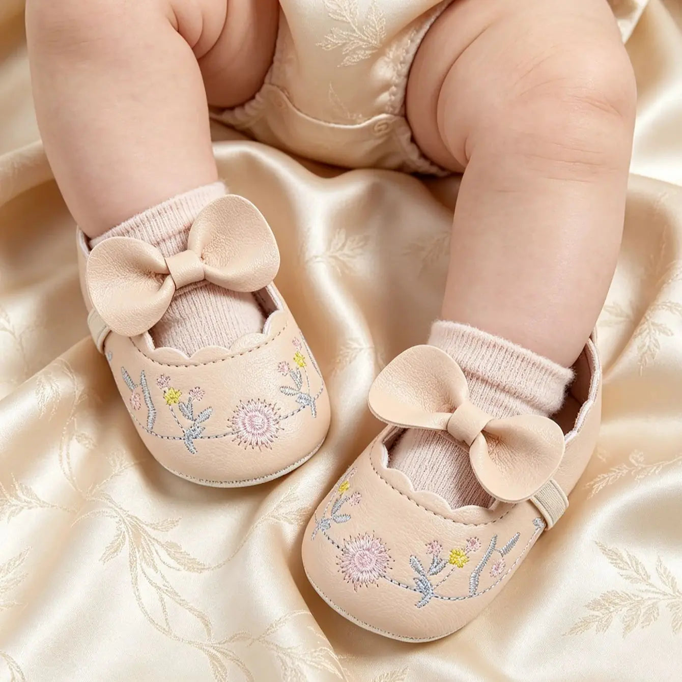 Baby walking shoes women's spring and autumn styles apricot butterfly bow embroidered soft sole breathable soft sole shoes