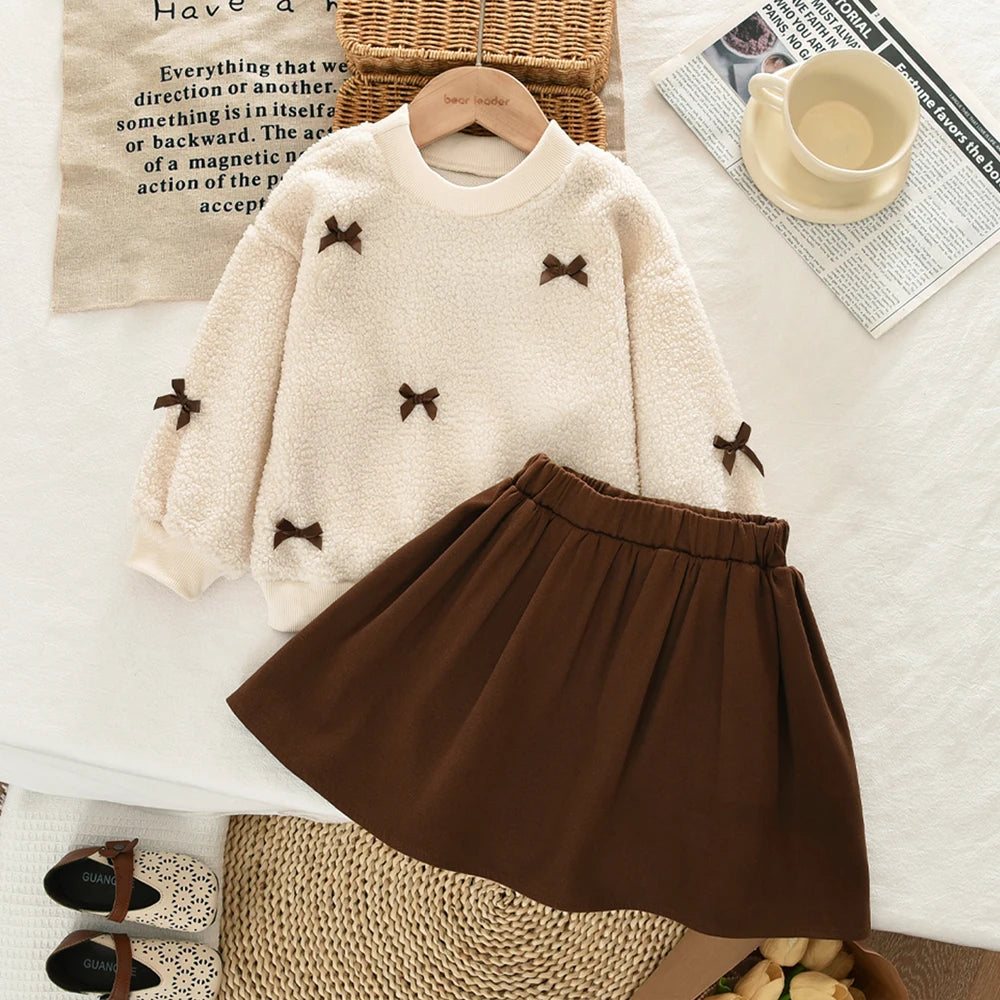 Khaki Mode Herbst Winter Neu 3-7 Jahre alte Mädchen Rundhals Langarm Schleifen-Oberteil + plissierter Rock Zweiteiler koreanische Version