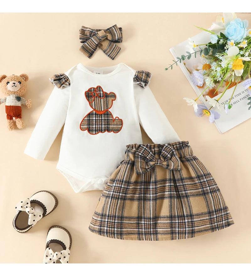 Baby Clothing Set Bodysuits Skirts Hairband 3-Piece Sets for Newborn To 18 Months Cartoon Bear Design for Baby Girls Clothing