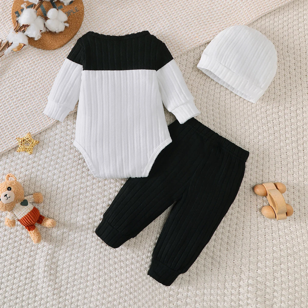 3PCS Newborn Baby Boy Clothes Set Long Sleeved Color Blocked Bodysuit+Gray Pants+Hat Autumn Clothing for Toddlers 1-18 Months