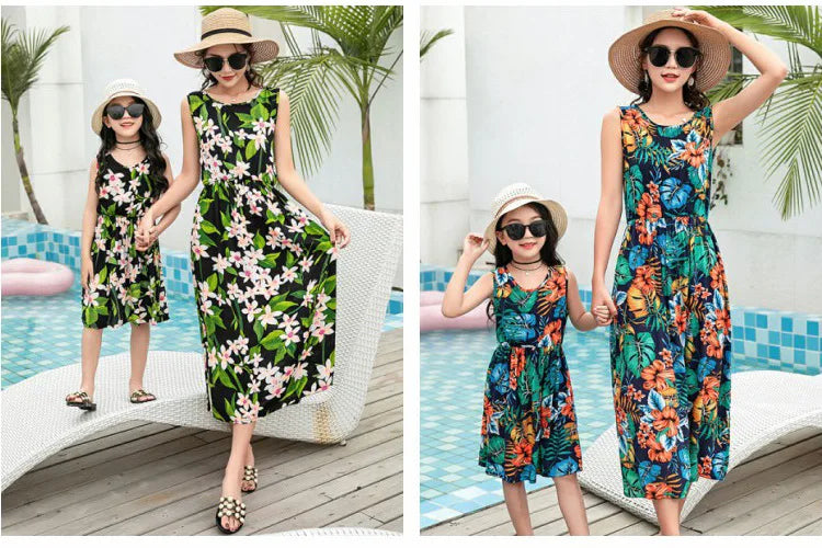 New Mother Daughter Summer Dresses Sleeveless Floral Flower Print Sundress Mom Mommy and Me Beach Dress Family Matching Outfits
