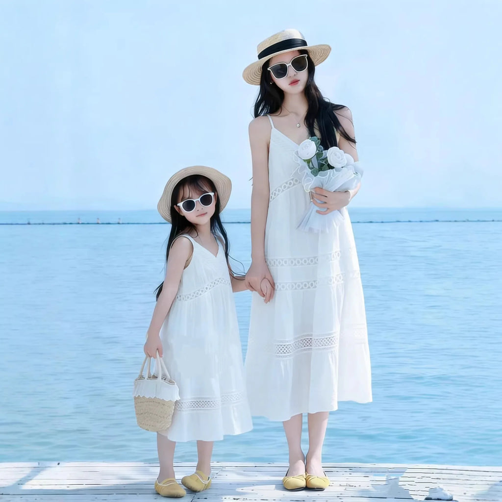 Parent Child Matching Mother and Daughter White Camisole Dresses Summer Hollow-out Embroidery Resort Style Seaside Beach Dresses