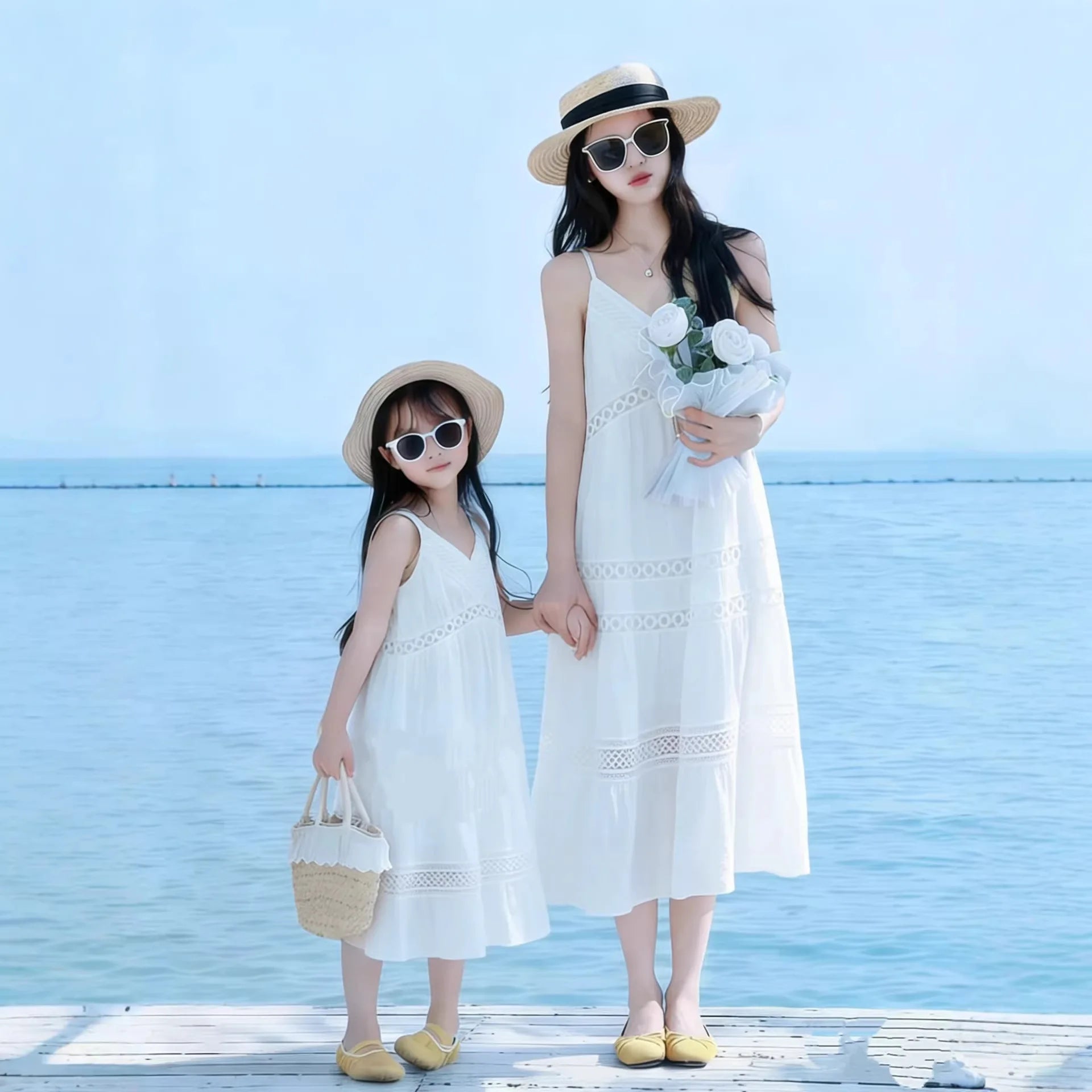 Parent Child Matching Mother and Daughter White Camisole Dresses Summer Hollow-out Embroidery Resort Style Seaside Beach Dresses