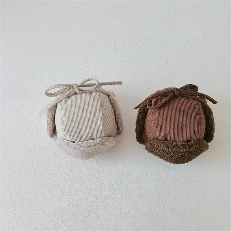 Otoño Invierno Niños Más Terciopelo Orejeras Cortavientos Frío Cálido Gorra de Pana Niño Niña Bebé Vellón Algodón Gorro Grueso Liso