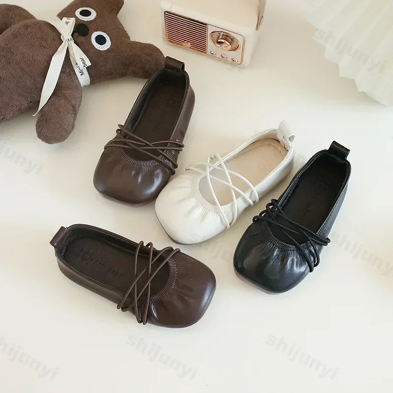 Baby Girls Leather Shoes Soft Princess Ruffles Pleated Mules Kids Casual Flats Slip-on 2025 Autumn New Children's Dress Shoes