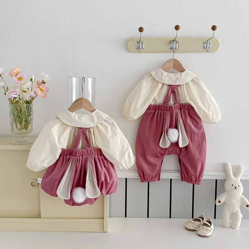 Baby Girl Two Piece Set Newborn Autumn Korean Children Clothing Baby Girls Solid Color Shirt Suspender Pants Cute Clothing