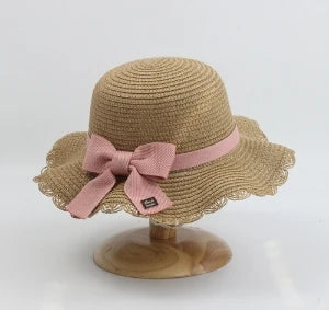 Summer Girls Beach Sun Hats Lotus Leaf Brim Cute Squinting Eyes Bowknot Outdoor Sun Protection Children Straw Cap Kids