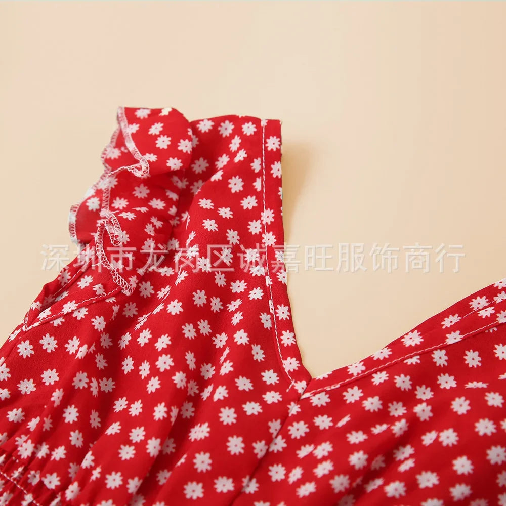 V-Neck Mother Daughter Dresses Family Set Flower Mommy and Me Matching Clothes Fashion Woman Girls Sleeveless Dress Outfits 2025