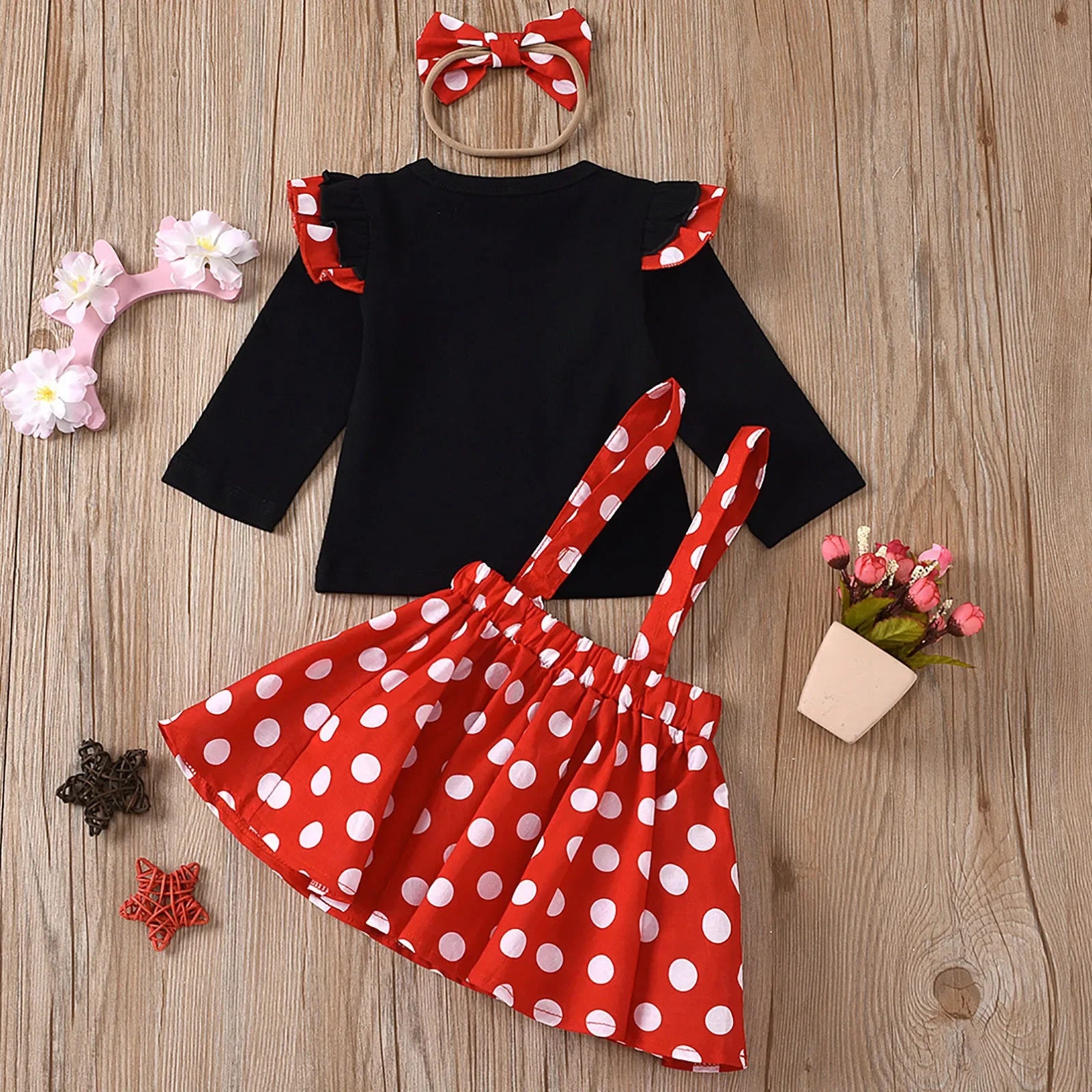 Conjunto de ropa para niños de 1 a 5 años, ropa de bebé, conjunto de ropa para niñas, traje de cumpleaños de verano, top de puntos, falda, disfraz de Minnie con diadema