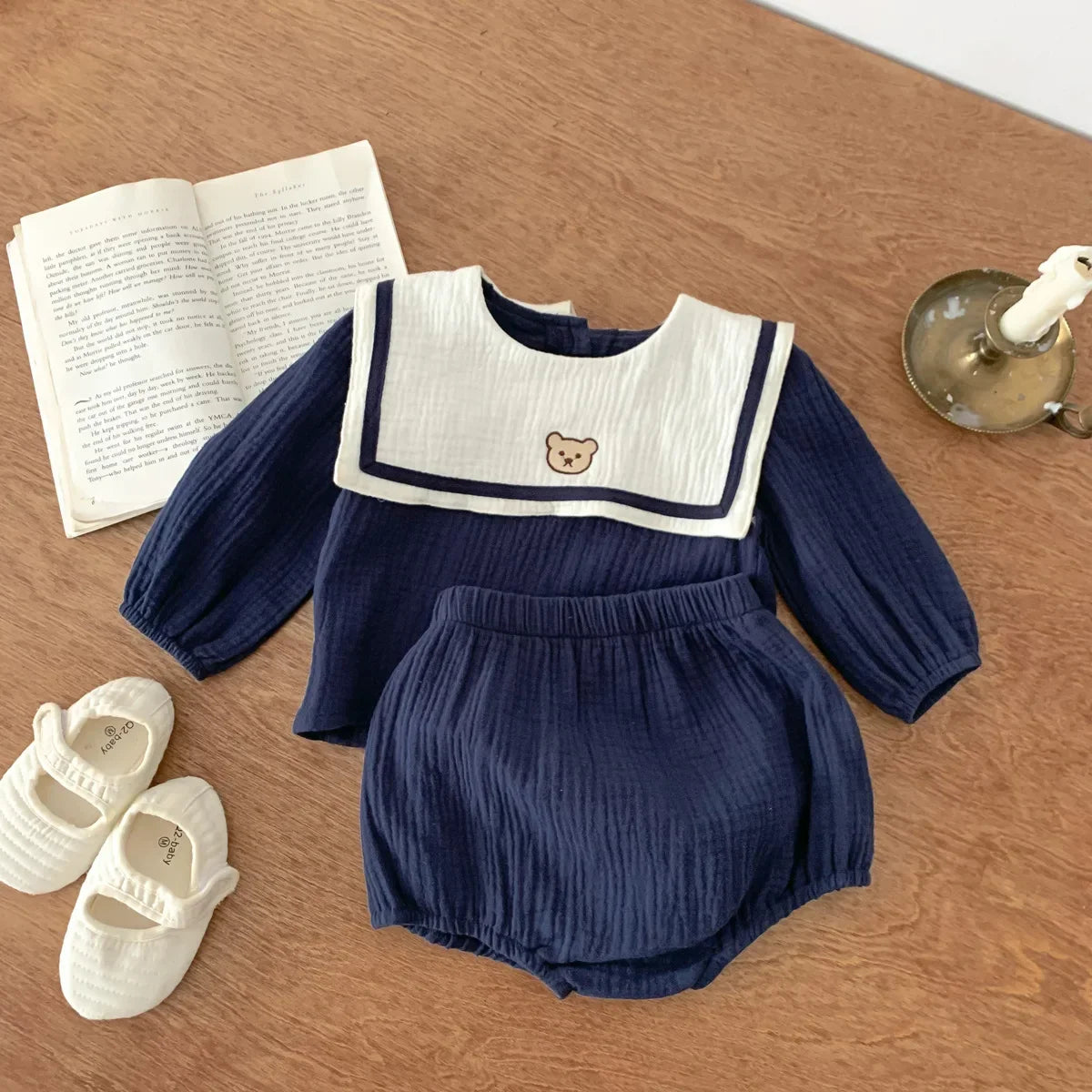 Neu im Herbst Kinder Baby Mädchen Langarm Marineführer Bären Oberteil T-Shirts + einfarbige Shorts Kleinkind Baby Baumwoll-Kleidungsset 2tlg.