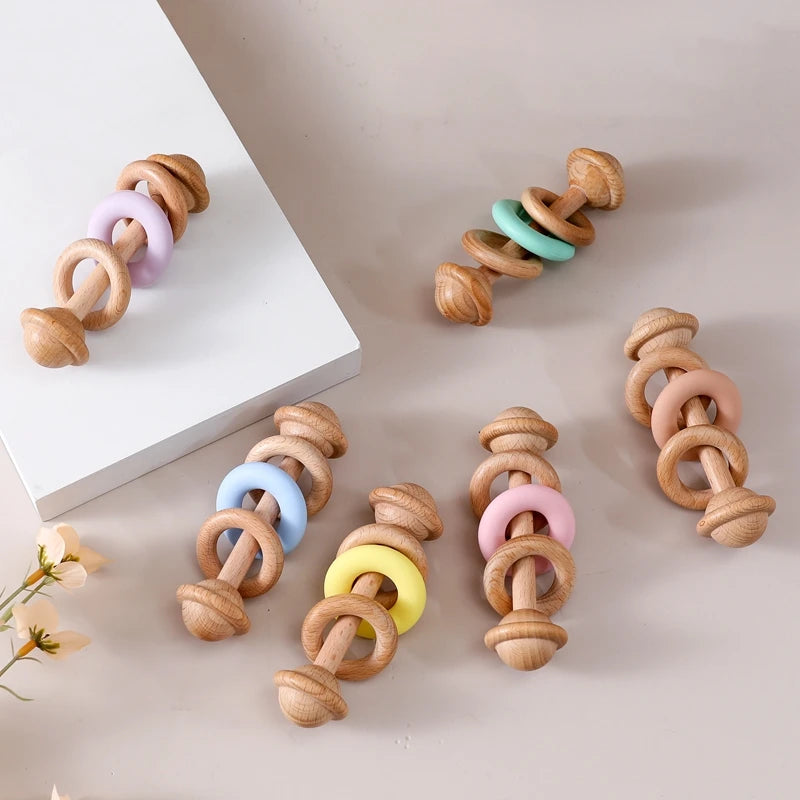 BPA-free Baby Toys Wooden Rattles Silicone Ring Rattles and Mobiles Babies 0–12 Months Sensory Toys Wooden Teether Baby Gifts