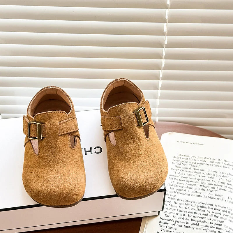 Baby Single Leather Shoes Boys Girls Candy Color Spring Flats Children Metal Buckle Design Genuine Leather Flats For School