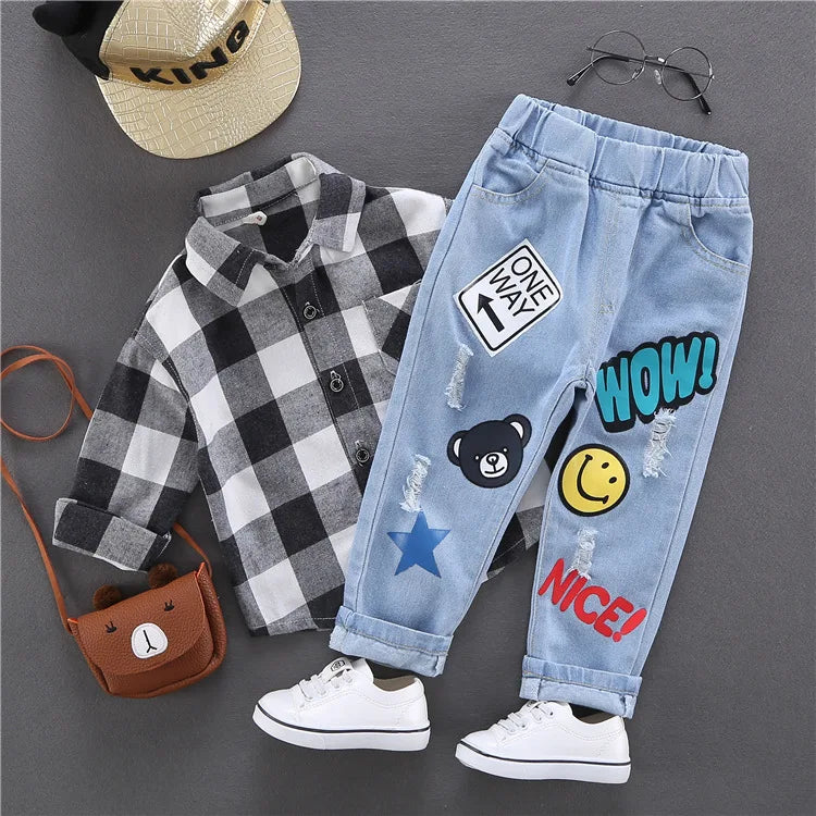 Spring Autumn Children Jeans Boys Cotton Print Splice Stretch Denim Pants Korean Teenage Trousers Wear Kids ClothingDenimRipped