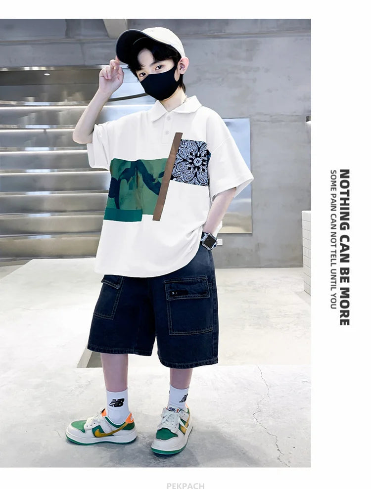 Jungen Kleidung Sommer Set Kind Mode Kurzarm Poloshirt & Jeansshorts 2-teiliger Anzug Teens Kinder Oberteil und Unterteil Kleider Set