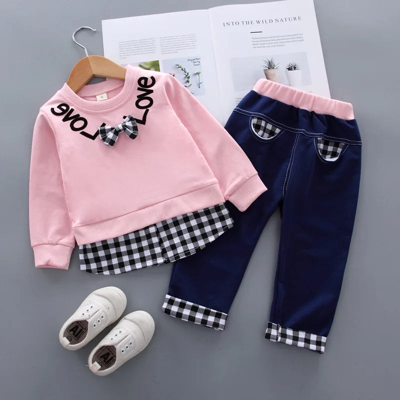 Children's Clothing Sets Bow Plaid Long Sleeve Top + Pants 2pcs Sets Toddler Girl Clothes Kids Boutique Clothes Baby Outfit Set