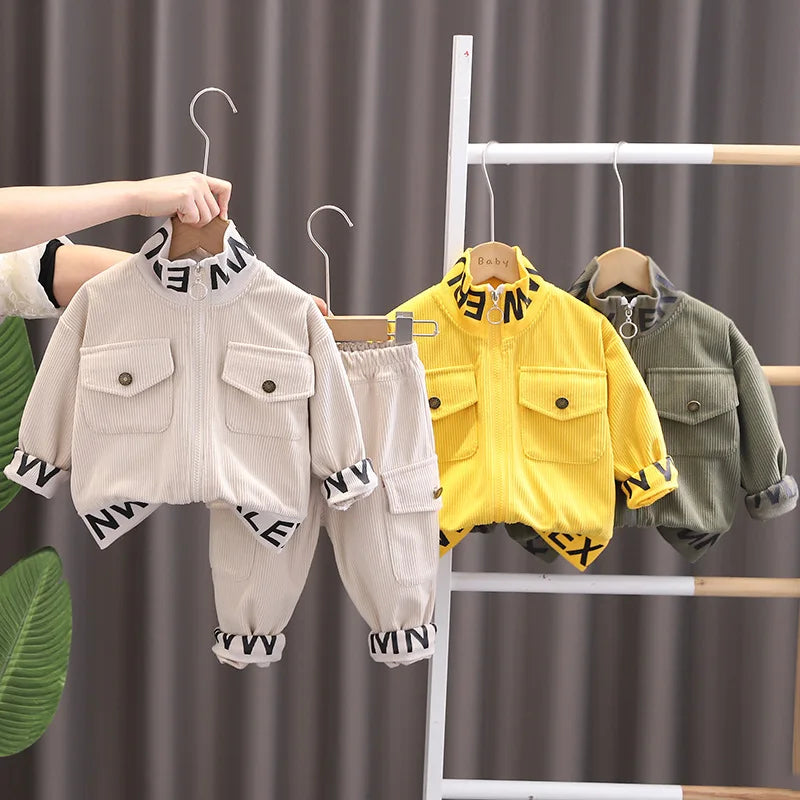 Childrens Clothing 2024 New Baby Spring Clothes for Kids Boys and Girls Letter Standing Collar Corduroy Jackets Pants Outfit Set