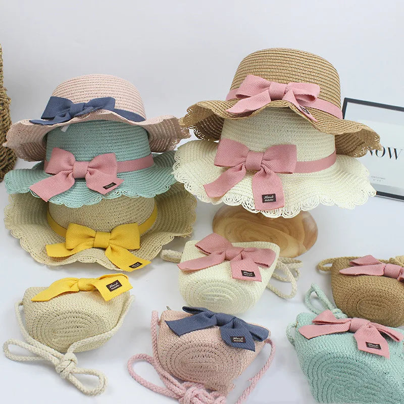 Summer Girls Beach Sun Hats Lotus Leaf Brim Cute Squinting Eyes Bowknot Outdoor Sun Protection Children Straw Cap Kids