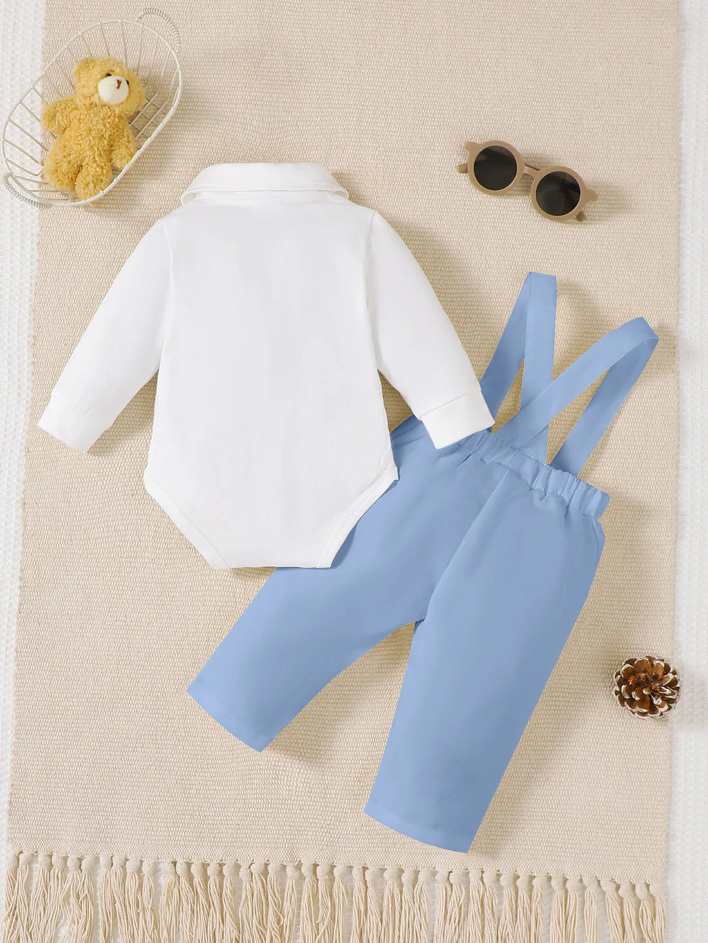 Conjunto de dos piezas para bebé recién nacido niño, primavera y otoño, mono con lazo en el cuello y pantalones azules, conjunto de caballero para bebés de 0 a 18 meses.