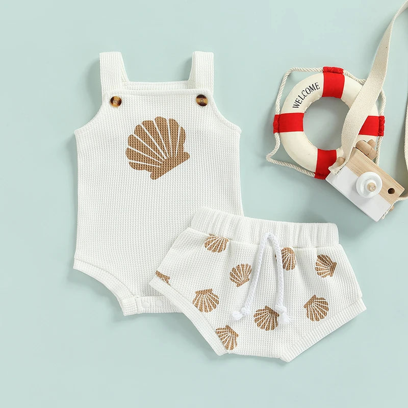 Conjuntos de ropa de verano para bebés de 0 a 18 meses, para niños y niñas, estampado de conchas, tirantes, botones, cuadros, monos de punto + pantalones cortos, chándales