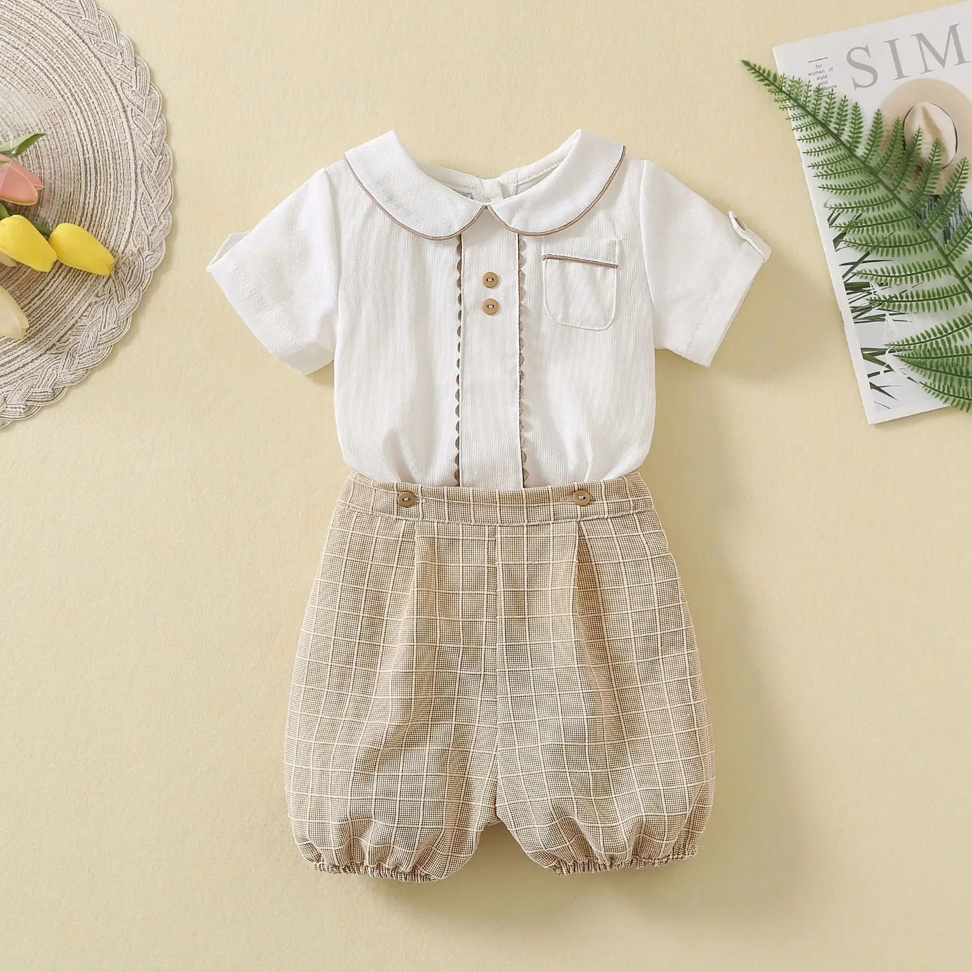 Spanish Toddlers Clothing Baby Boys Clothes Boutique Sets Outfit White Shirt Short 2pcs Plaid Pants Children Costume Kids Casual