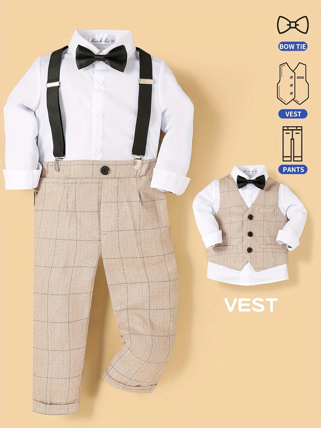Atuendo de niño florista para bodas, chaleco formal, pantalones, pajarita, conjunto de 3 piezas para actuación de anfitrión de piano/discursos.