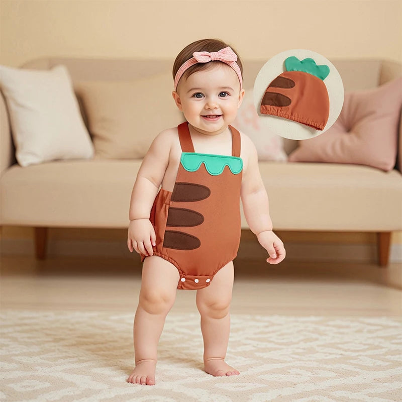 0-18 Monate Kleinkind Neugeborenes Baby Sommer-Outfit Freizeit Ärmelloser Früchte-Overall Strampler mit Hut 2-teiliges Set für Jungen und Mädchen