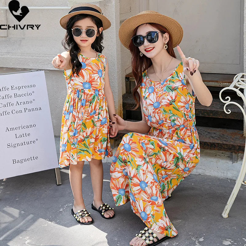 New Mother Daughter Summer Dresses Sleeveless Floral Flower Print Sundress Mom Mommy and Me Beach Dress Family Matching Outfits