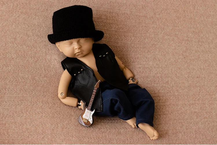 Newborn Photography Clothes for Baby Boy Cool Leather Jacket Clothing Musician Guirar Set Props for Studio Photoshoot Props