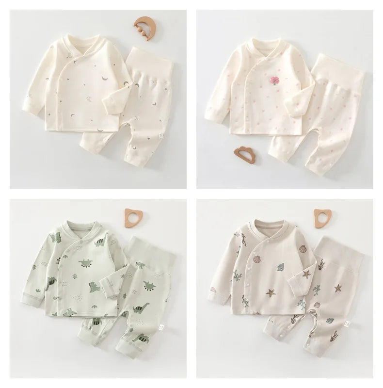 Baby Clothes 2Pcs Infant Spring Cotton Pajama Set V-Neck Long Sleeve High Waisted Belly Warming Printed Infant Clothing
