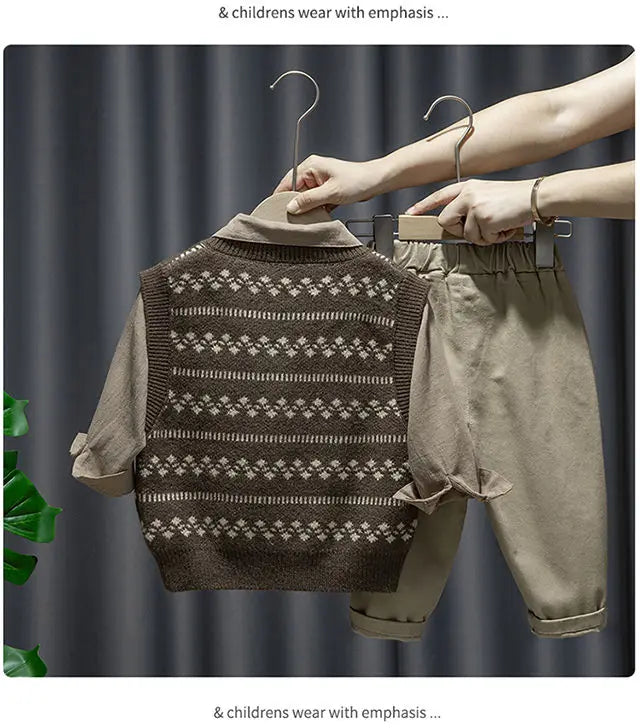 Baby Boy Clothing Suit 2024 Spring Autumn Knitted Sleeveless Sweater Vest + Shirts + Pants Boys Outfit Kids Set