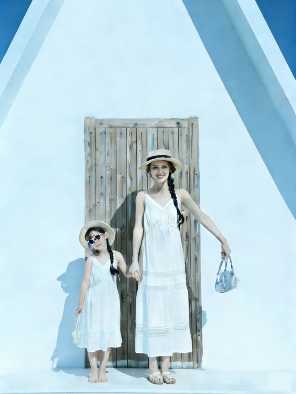 Parent Child Matching Mother and Daughter White Camisole Dresses Summer Hollow-out Embroidery Resort Style Seaside Beach Dresses