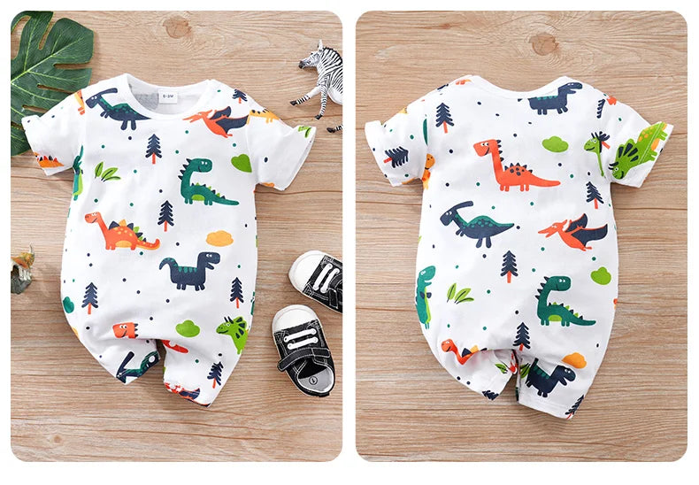 Neugeborenen-Kleidung Niedlicher Cartoon-Dinosaurier Allover-Print BaumwolleBequem und weichSommer Jungen und Mädchen0-18 Kurzärmeliger Baby-Strampler