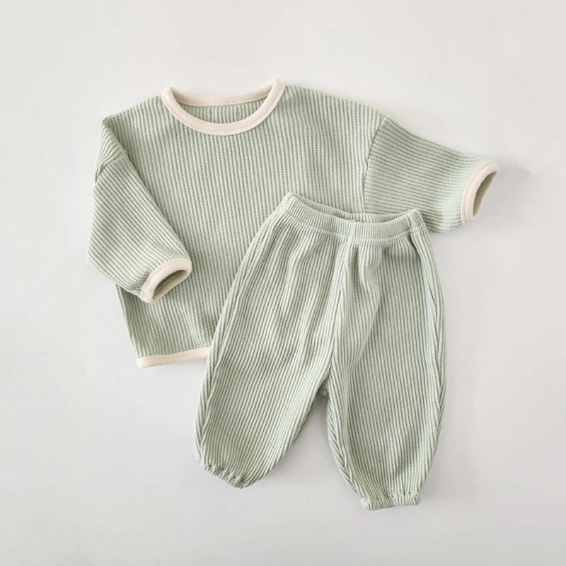 Koreanischer Stil Kinder Kleidung Anzug Waffel Pullover+Hosen Baby Jungen Mädchen Kleidung Set Frühling Herbst Kinder Kleidung Anzug
