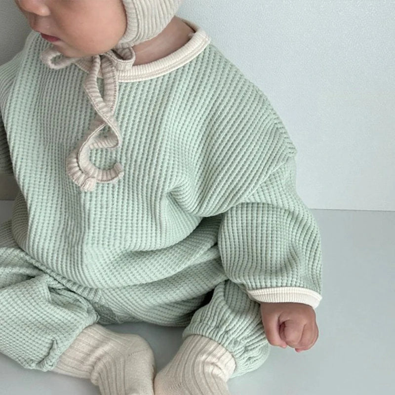 Koreanischer Stil Kinder Kleidung Anzug Waffel Pullover+Hosen Baby Jungen Mädchen Kleidung Set Frühling Herbst Kinder Kleidung Anzug