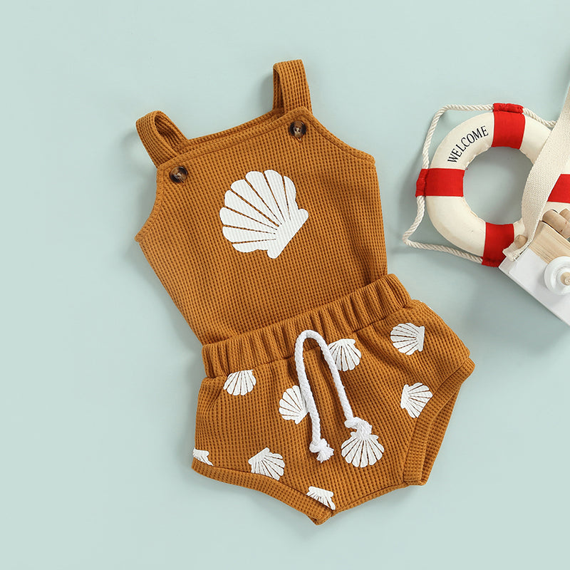 Conjuntos de ropa de verano para bebés de 0 a 18 meses, para niños y niñas, estampado de conchas, tirantes, botones, cuadros, monos de punto + pantalones cortos, chándales