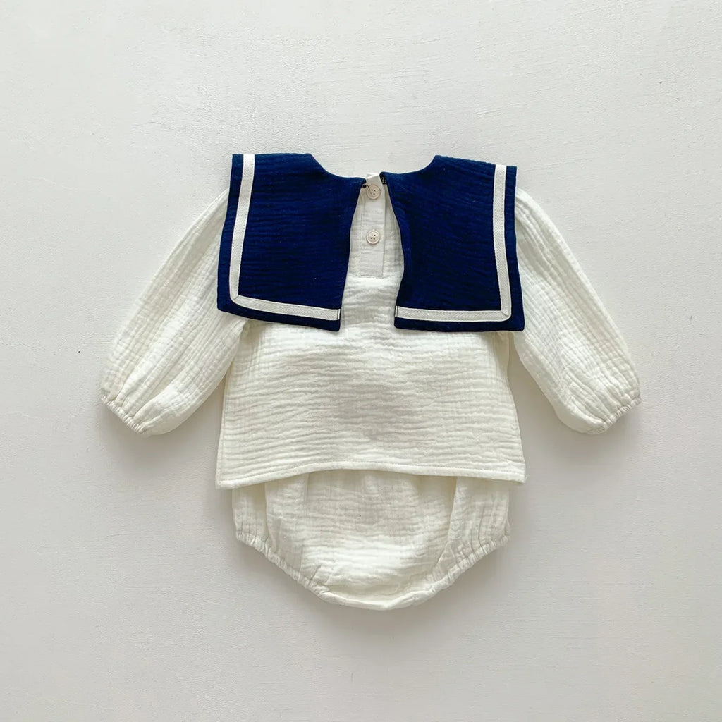 Neu im Herbst Kinder Baby Mädchen Langarm Marineführer Bären Oberteil T-Shirts + einfarbige Shorts Kleinkind Baby Baumwoll-Kleidungsset 2tlg.