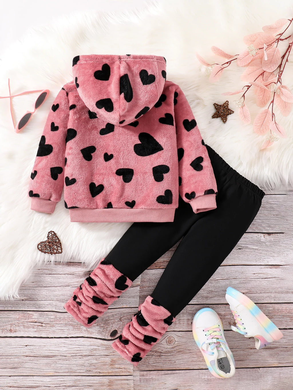Frühling und Winter Mädchenmode Zuhause Freizeit 2-teilig Micro-Stretch warm bequem liebe Plüsch Kapuzenoberteil + Stretch-Leggings