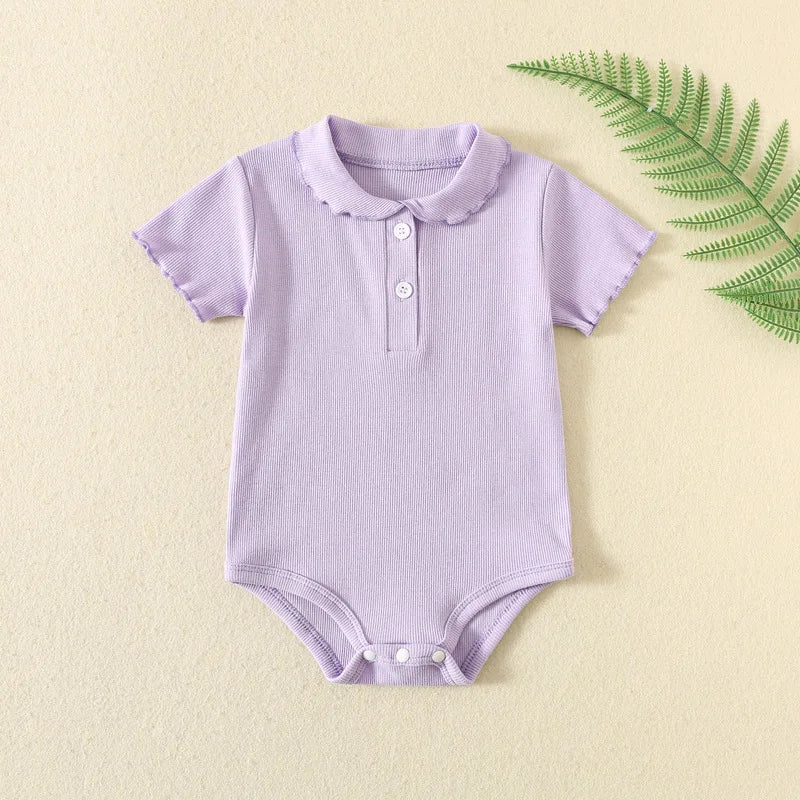 Neugeborene Sommer Baby Mädchen Kleidung Revers-Jumpsuits Einfarbige Kurzarm Baumwoll-Bodys Babykleidung 0–24 Monate