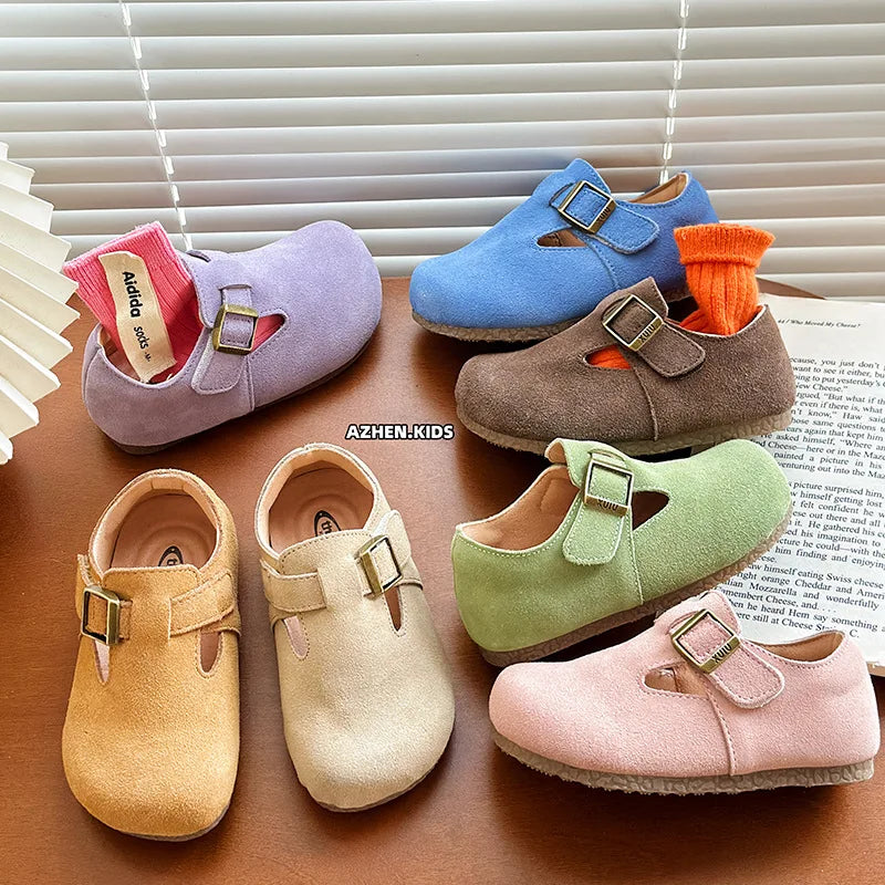 Baby Single Leather Shoes Boys Girls Candy Color Spring Flats Children Metal Buckle Design Genuine Leather Flats For School